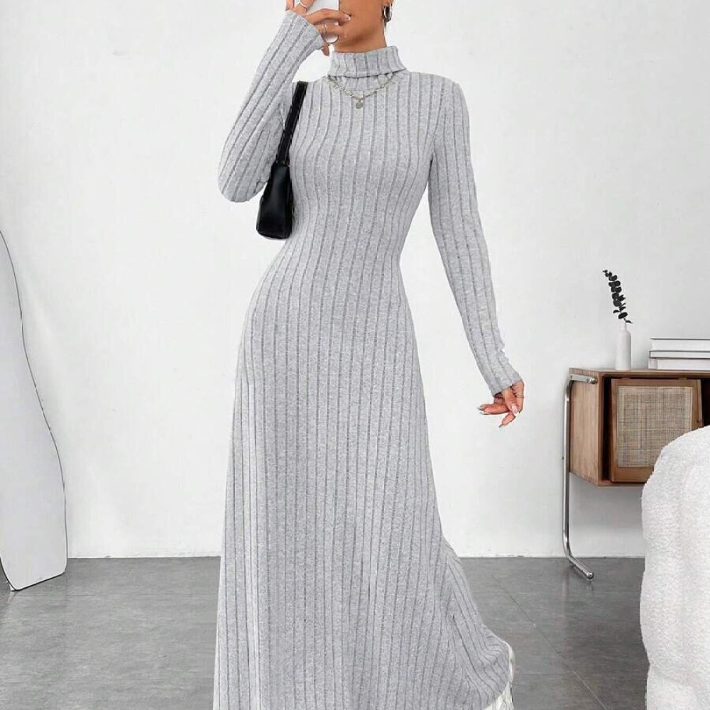Bodycon Long Sleeve Ribbed Dress - Elegancka jesienna sukienka z wysokim kołnierzem