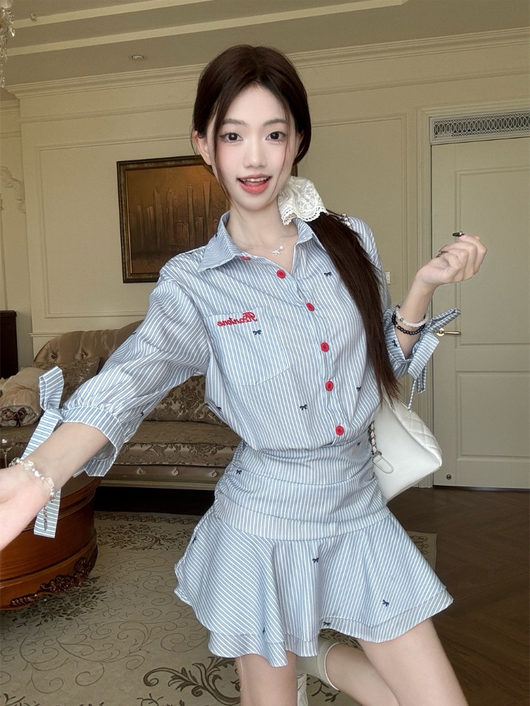 Korean Style A Line Shirt Dress - Koreańska sukienka koszulowa w paski w