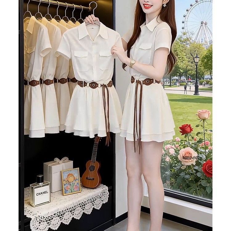 Korean Style A Line Shirt Dress - Koreańska sukienka koszulowa z krótkim rękawem,