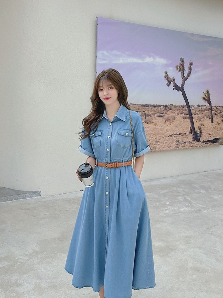 Korean Style A Line Shirt Dress - Damska sukienka dżinsowa 2026 lato nowy