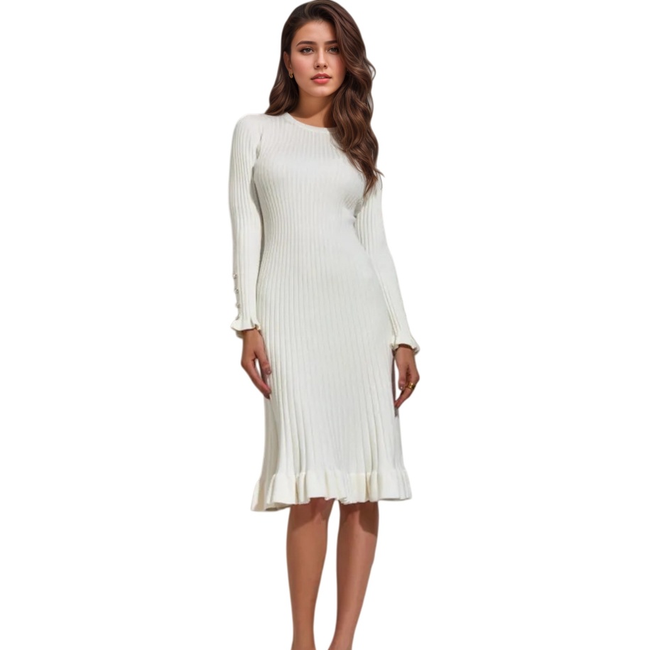 Bodycon Long Sleeve Ribbed Dress - Damska sukienka bodycon z długim rękawem