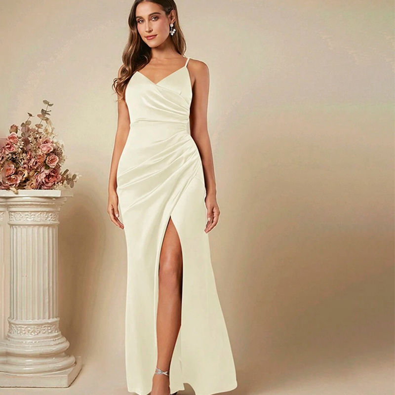 Elegant Satin Evening Gown Split - Kobiety Elegancka Satynowa Sukienka z Szelkami