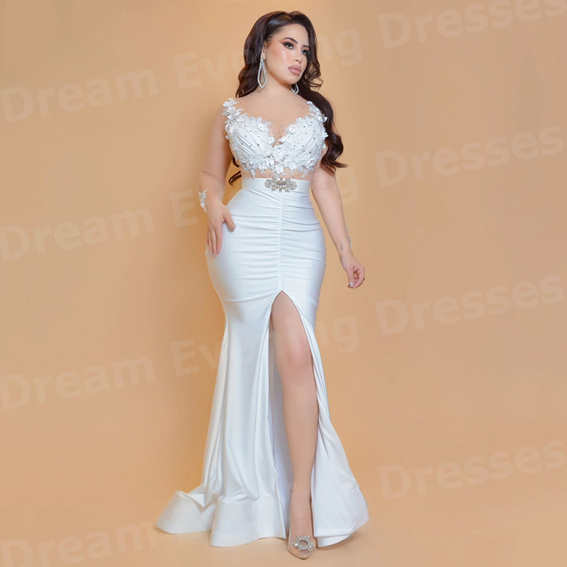 Elegant Satin Evening Gown Split - Eleganckie białe suknie wieczorowe damskie w