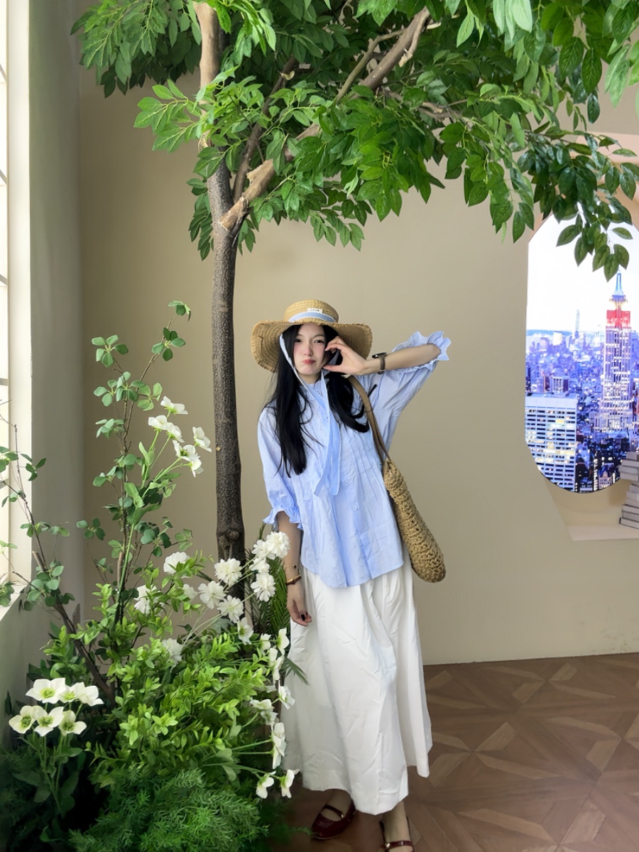 Korean Style A Line Shirt Dress - Damski zestaw letni: niebieska bluzka plus