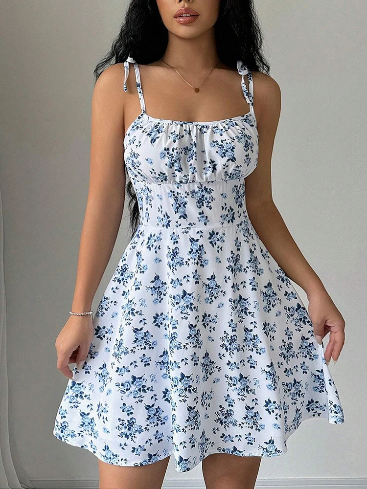French Vintage Floral Midi Dress - Damska letnia sukienka plażowa z krótkim