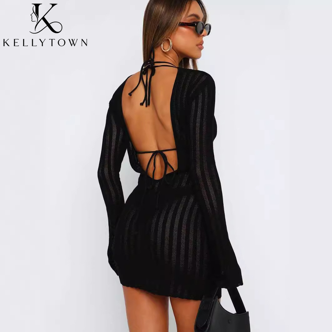 Bodycon Long Sleeve Ribbed Dress - Sukienka bez pleców, seksowna, prążkowana, mini,