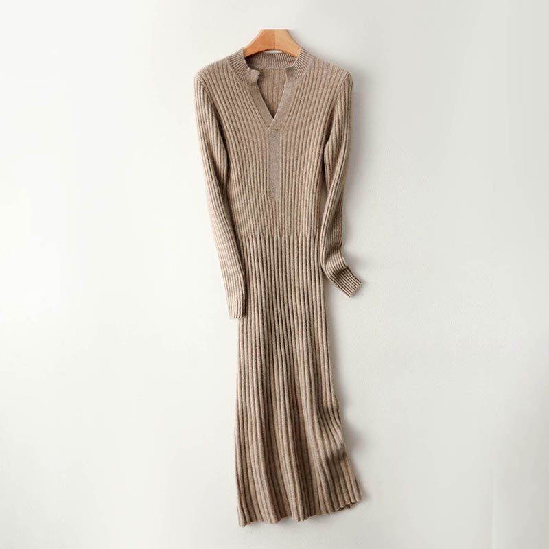 Bodycon Long Sleeve Ribbed Dress - Elegancka, minimalistyczna sukienka damska z prążkowanej