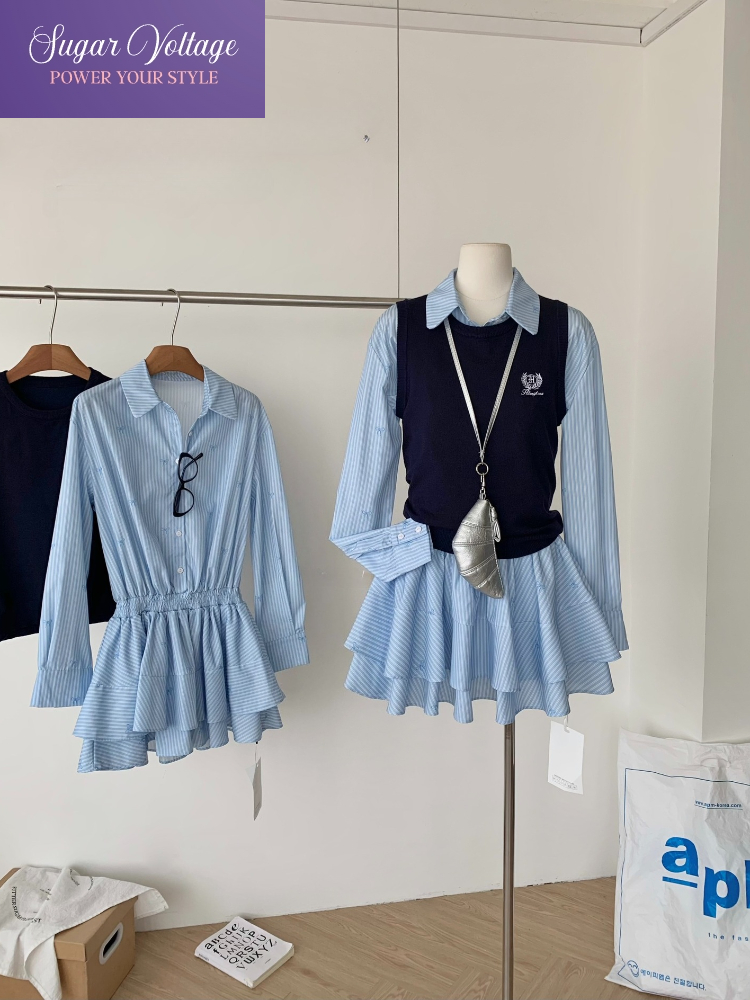 Korean Style A Line Shirt Dress - Komplet dwuczęściowy w stylu koreańskim na