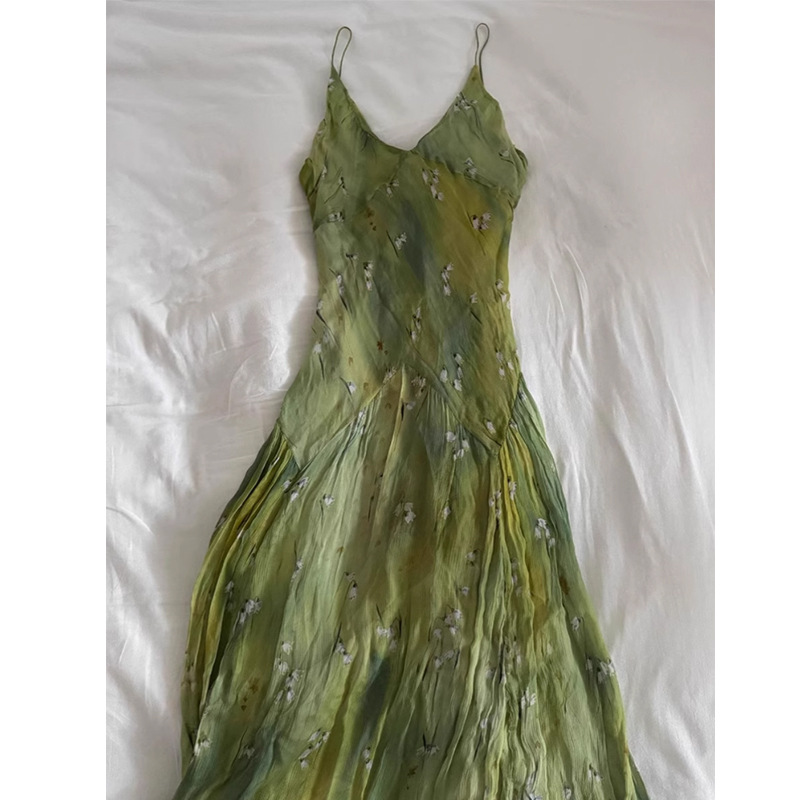 French Vintage Floral Midi Dress - Sukienka midi bez ramiączek z dekoltem