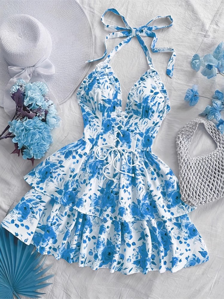 French Vintage Floral Midi Dress - Damskie Sukienki Retro na Wakacje, Krótkie,