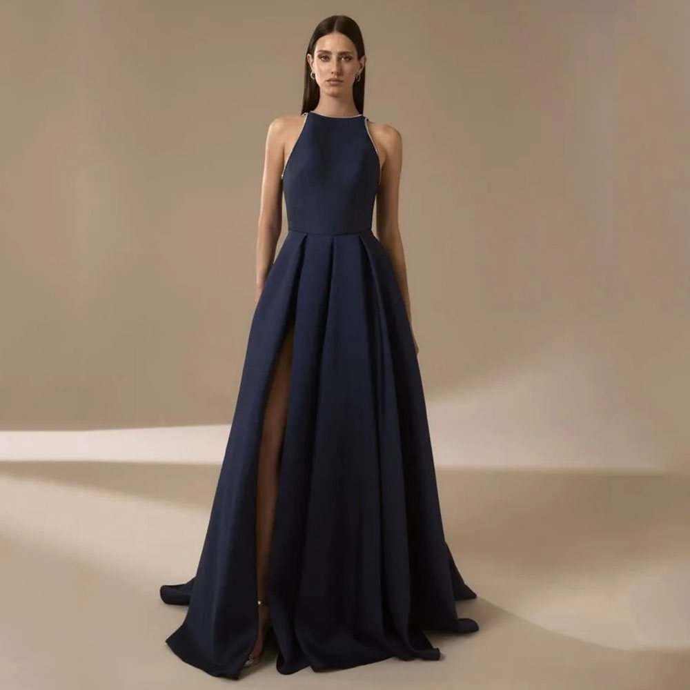 Elegant Satin Evening Gown Split - Granatowe satynowe suknie wieczorowe dla kobiet