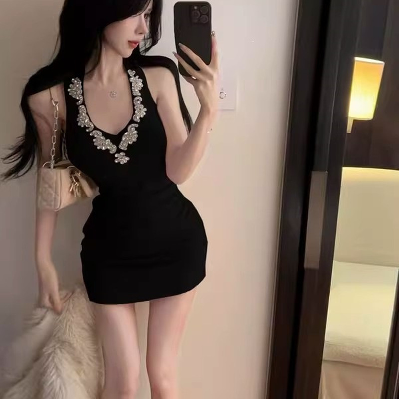 Sparkly Rhinestone Club Party Dress - Seksowna czarna sukienka mini na jedno