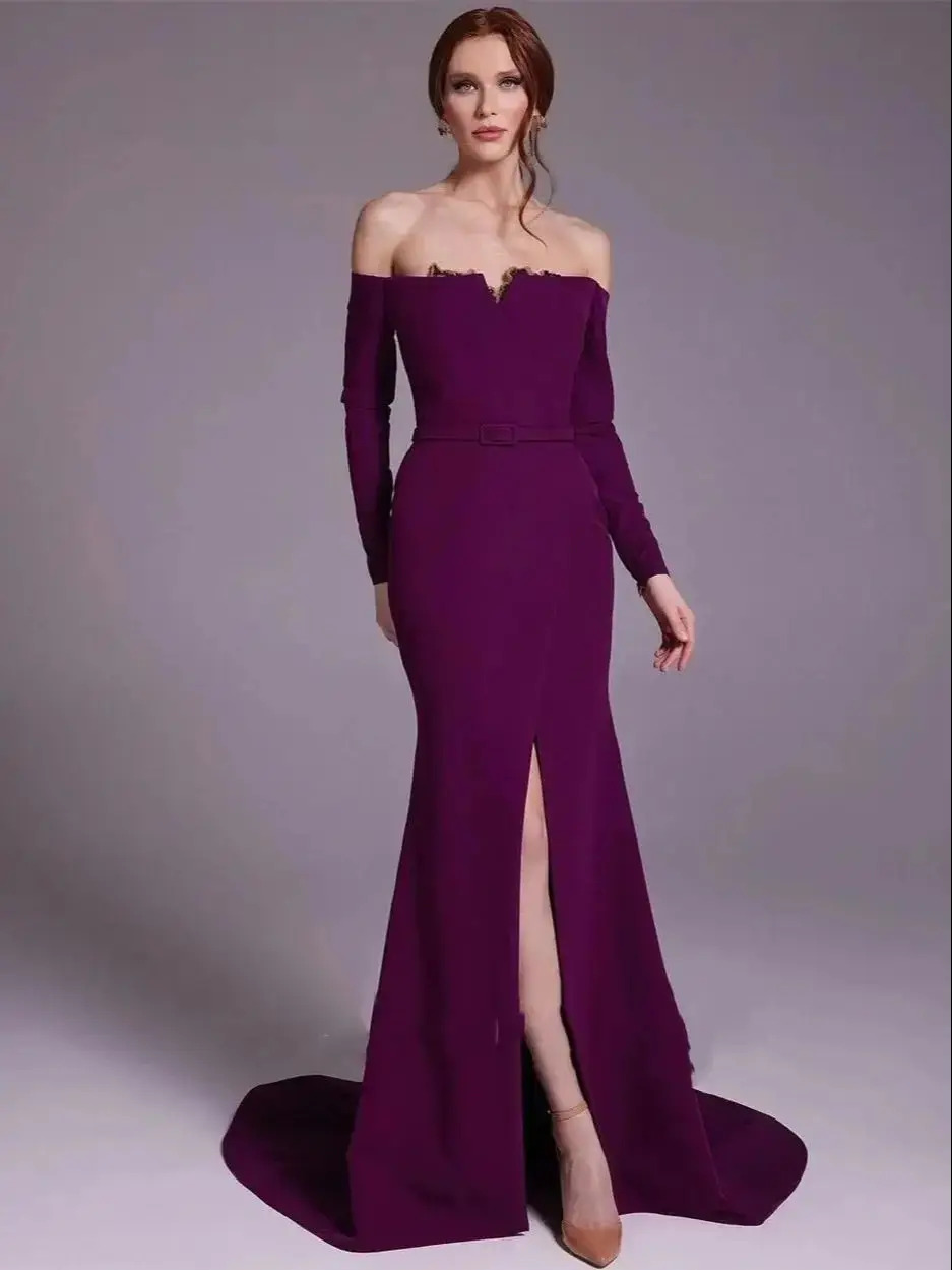 Elegant Satin Evening Gown Split - Elegancka fioletowa satynowa suknia wieczorowa z