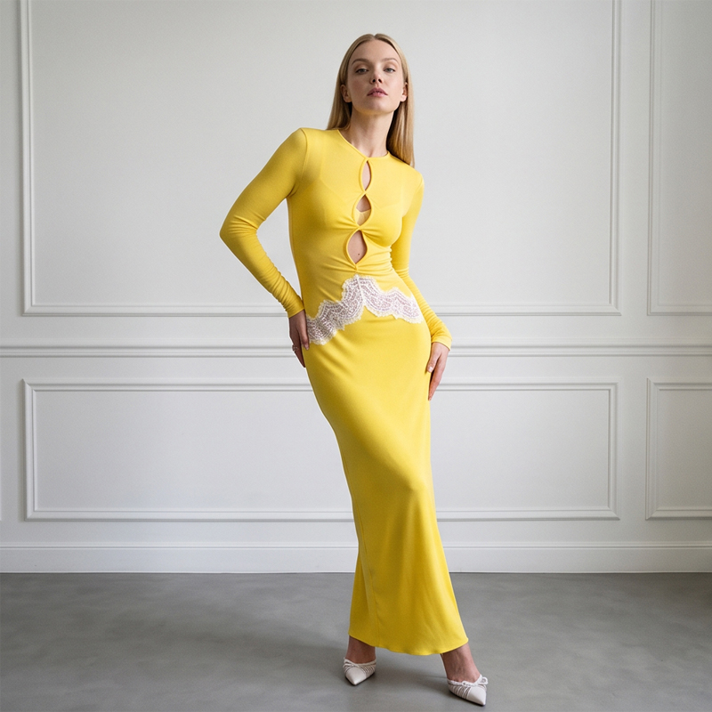 Damska żółta koronkowa sukienk – Bodycon Long Sleeve Ribbed Dress recenzja i cena