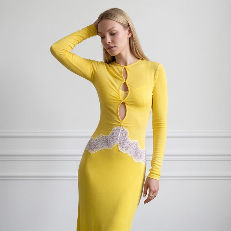 Damska żółta koronkowa sukienk – Bodycon Long Sleeve Ribbed Dress recenzja i cena