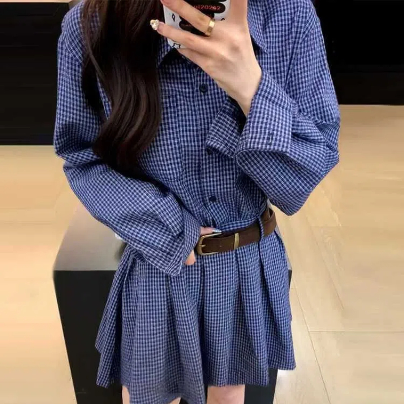 Koreański styl college'u, nieb – Korean Style A Line Shirt Dress recenzja i cena